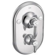 Chrome shower valve trim with oval escutcheon plate, central lever handle, and two additional control knobs labeled Hot and C
