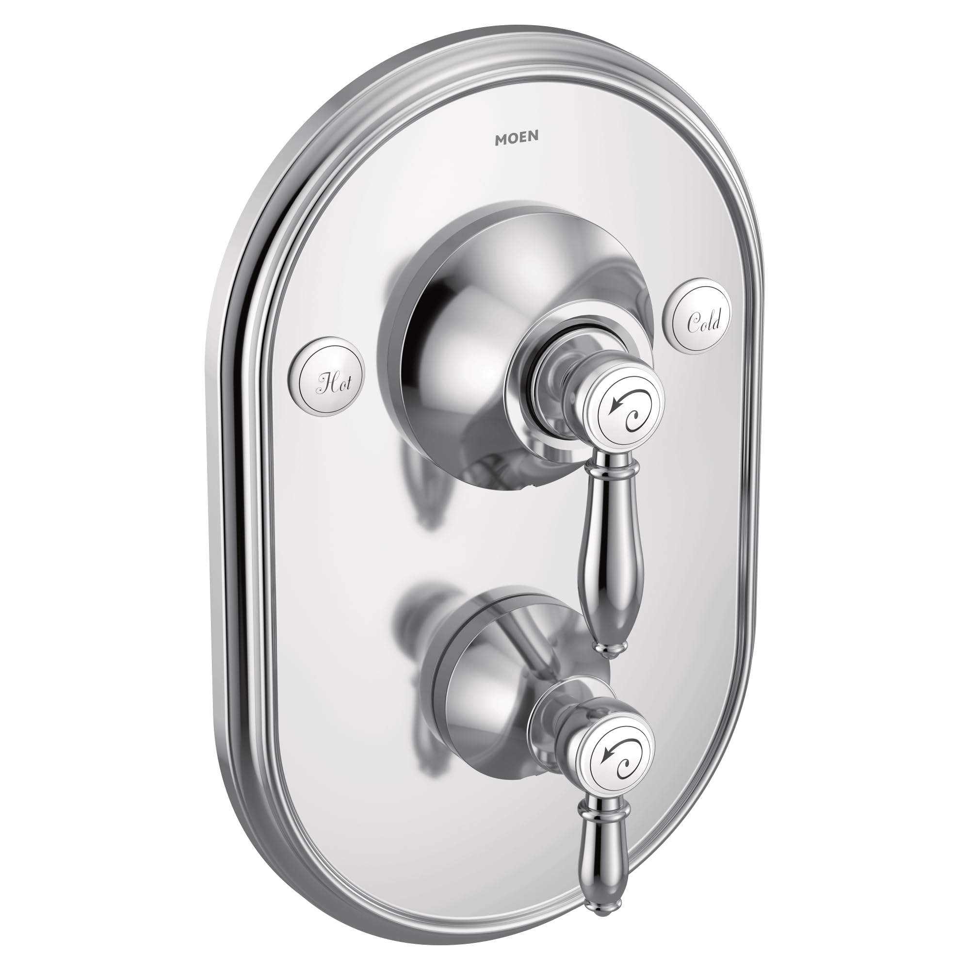 Chrome shower valve trim with oval escutcheon plate, central lever handle, and two additional control knobs labeled Hot and C