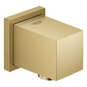 Grohe Euphoria brushed gold wall union with rectangular outlet and mounting bracket.