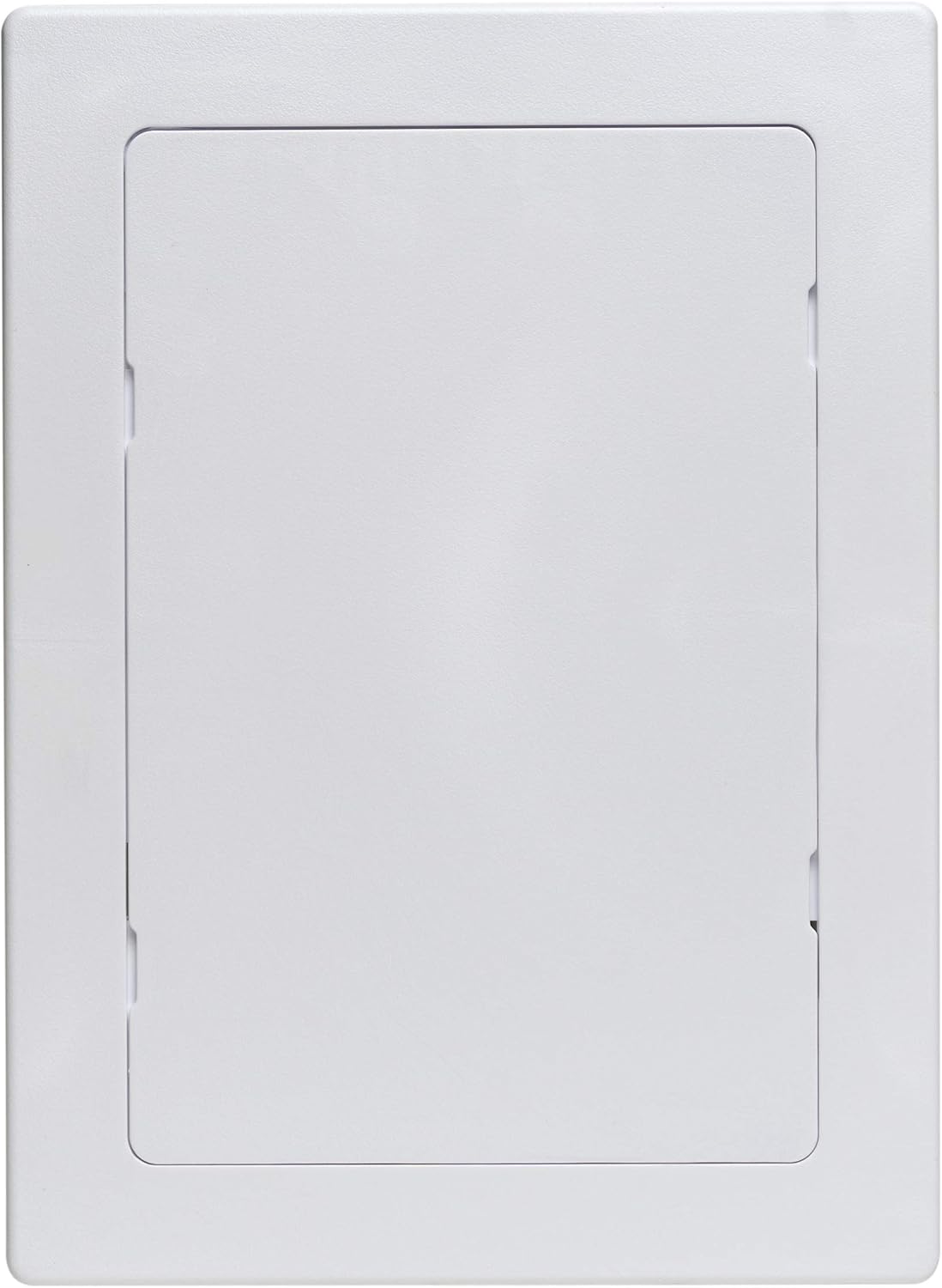 White rectangular access panel with rounded corners and hinged door, 6 by 9 inches.