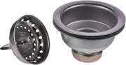 Brass basket strainer with perforated shallow cup and neoprene stopper shown from two angles.