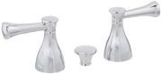 Chrome two-handle lever set with tapered bodies and horizontal lever arms for bathroom sink installation.