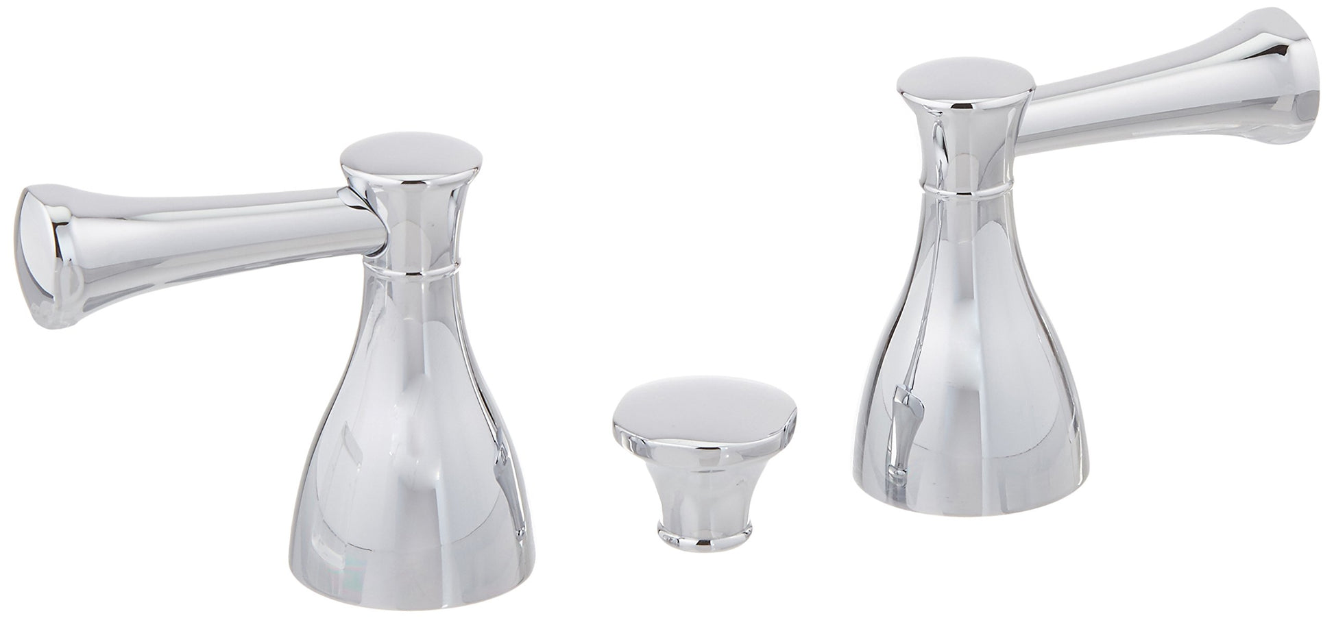 Chrome two-handle lever set with tapered bodies and horizontal lever arms for bathroom sink installation.