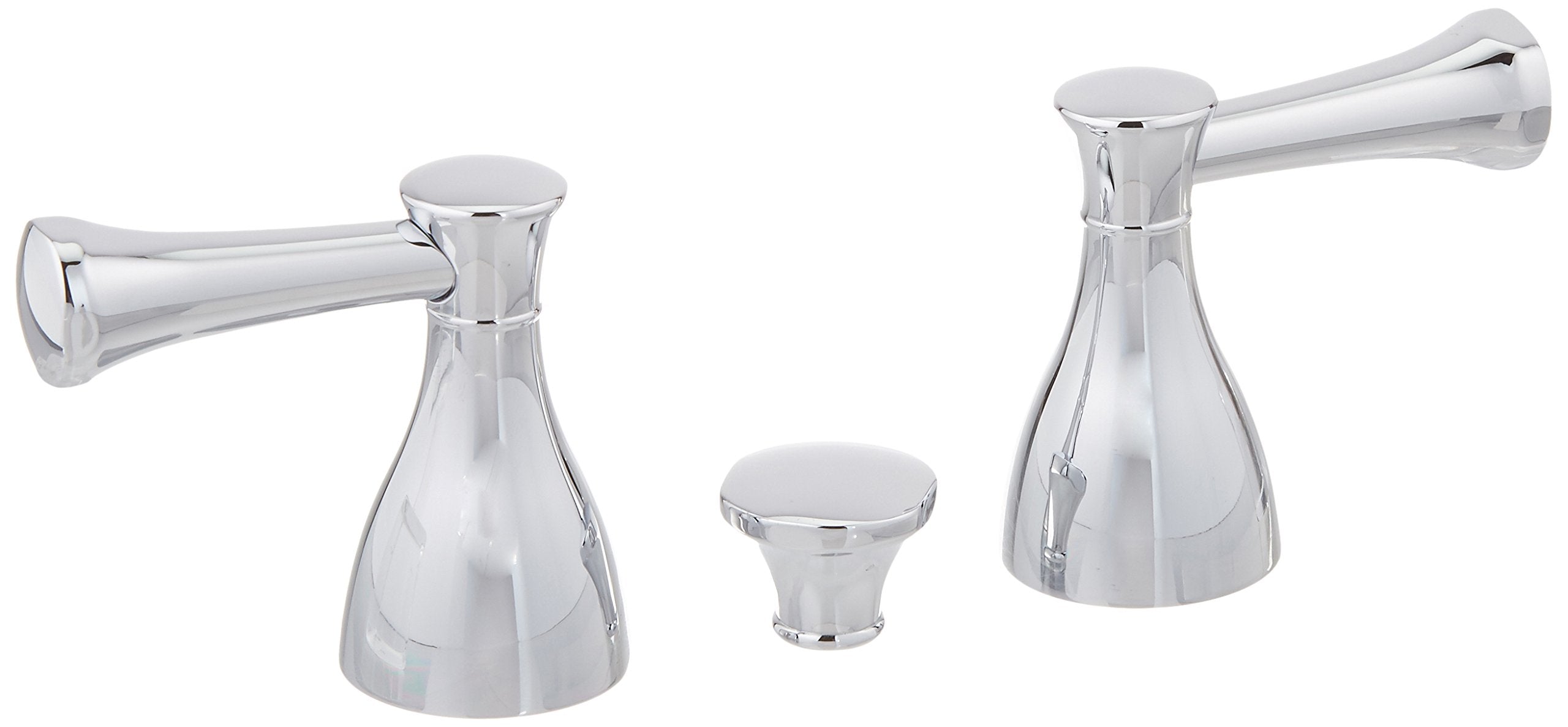 Chrome two-handle lever faucet set with tapered bodies and horizontal lever handles for bathroom sink.