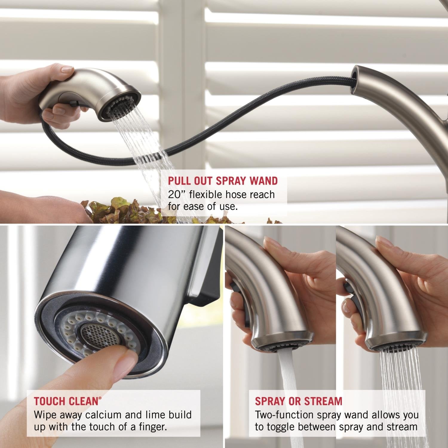 Champagne bronze single handle pull-out kitchen faucet with flexible hose and two-function spray wand head.