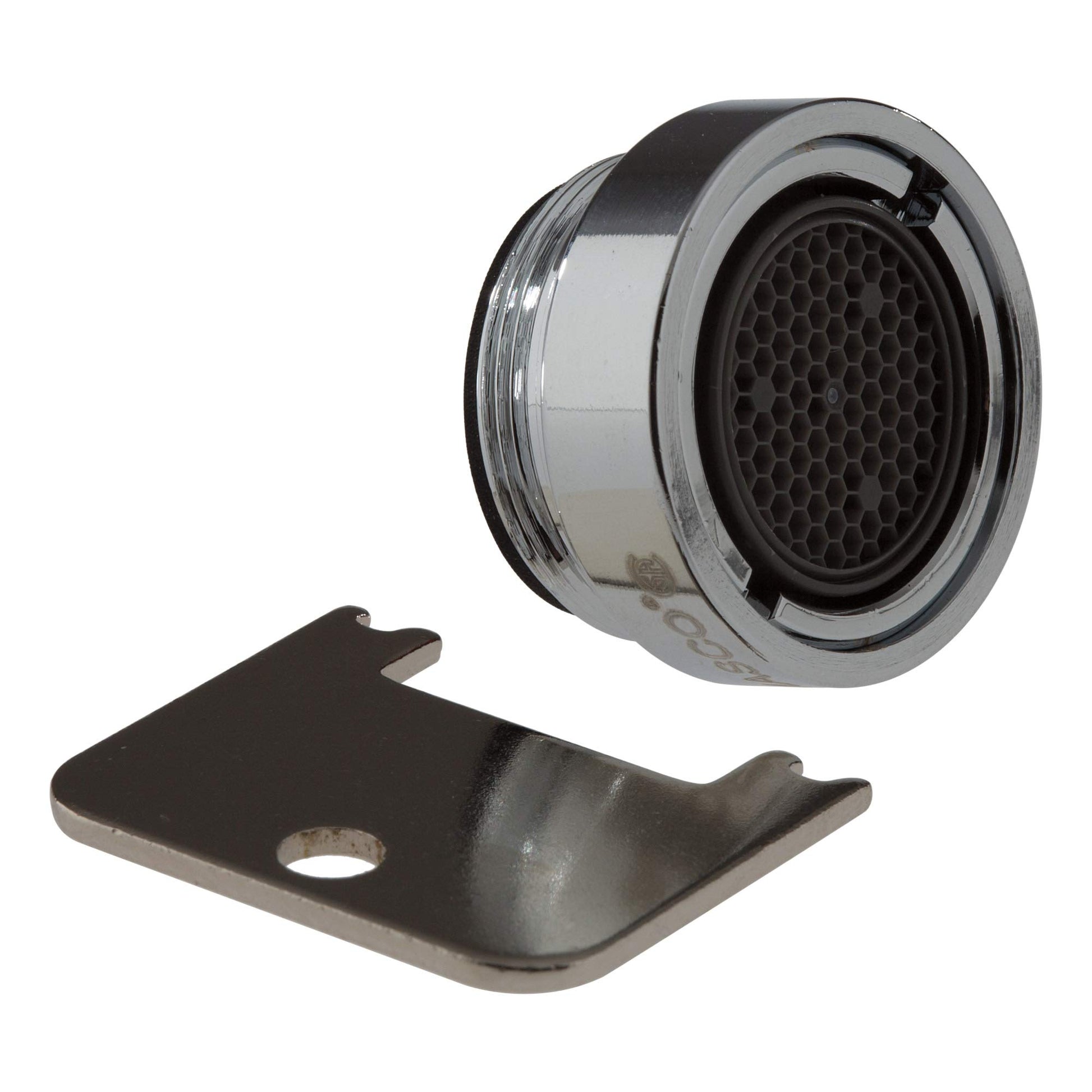 Chrome aerator with black honeycomb screen and metal wrench tool.