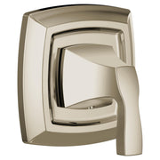 Polished nickel single-handle transfer valve trim with curved rectangular escutcheon plate and lever handle.