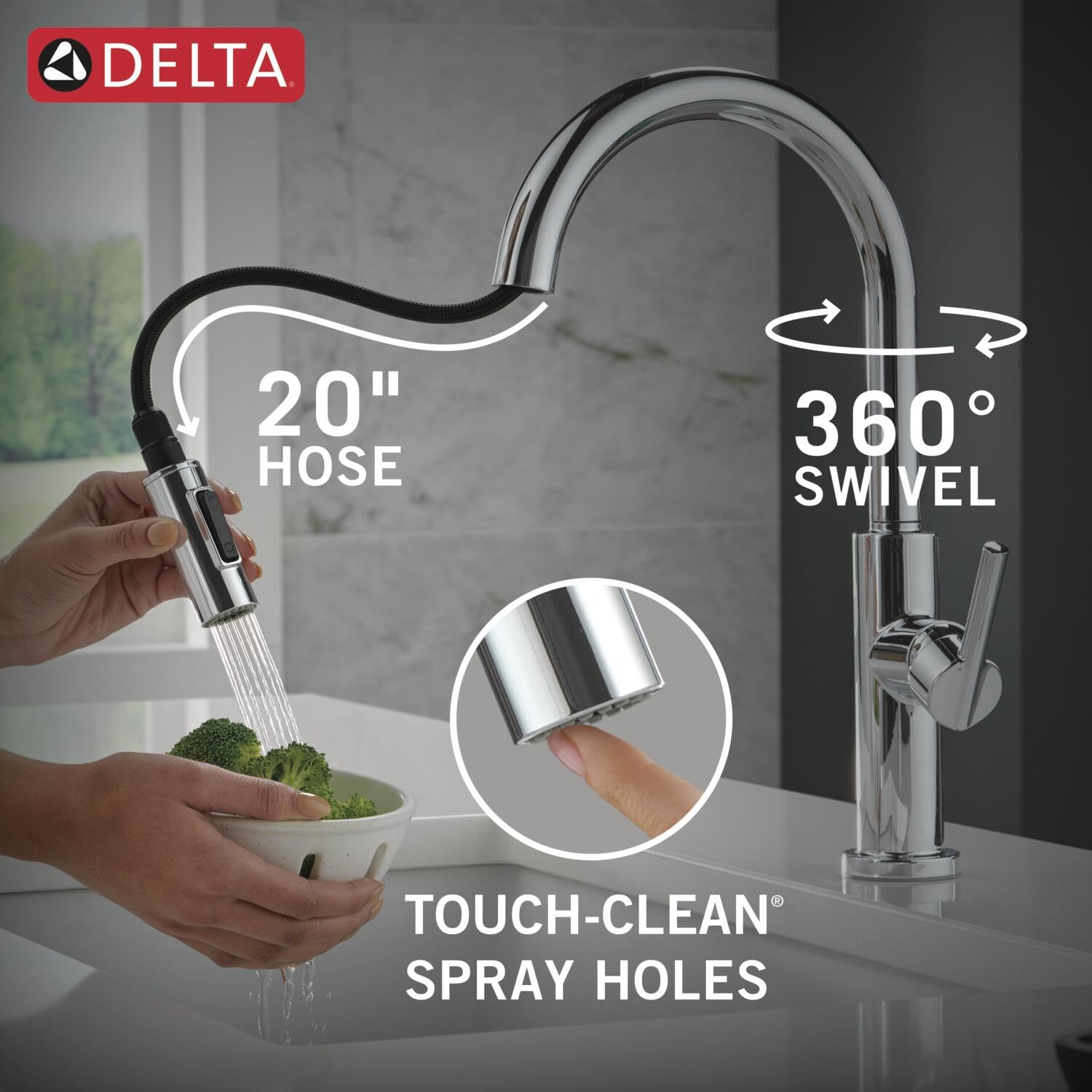 Chrome single-handle pull-down kitchen faucet with 20-inch hose and 360-degree swivel spout.