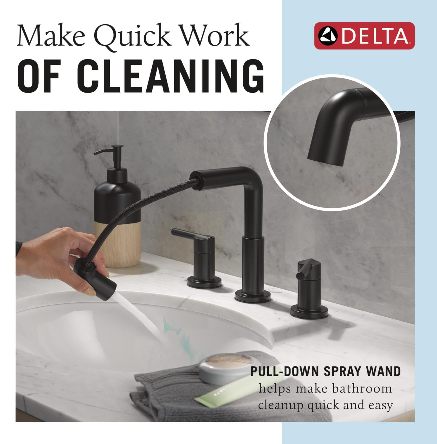 Matte black two-handle widespread bathroom faucet with pull-down spray wand on white sink.