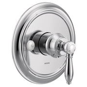 Chrome single-handle valve trim with circular escutcheon plate and lever handle.