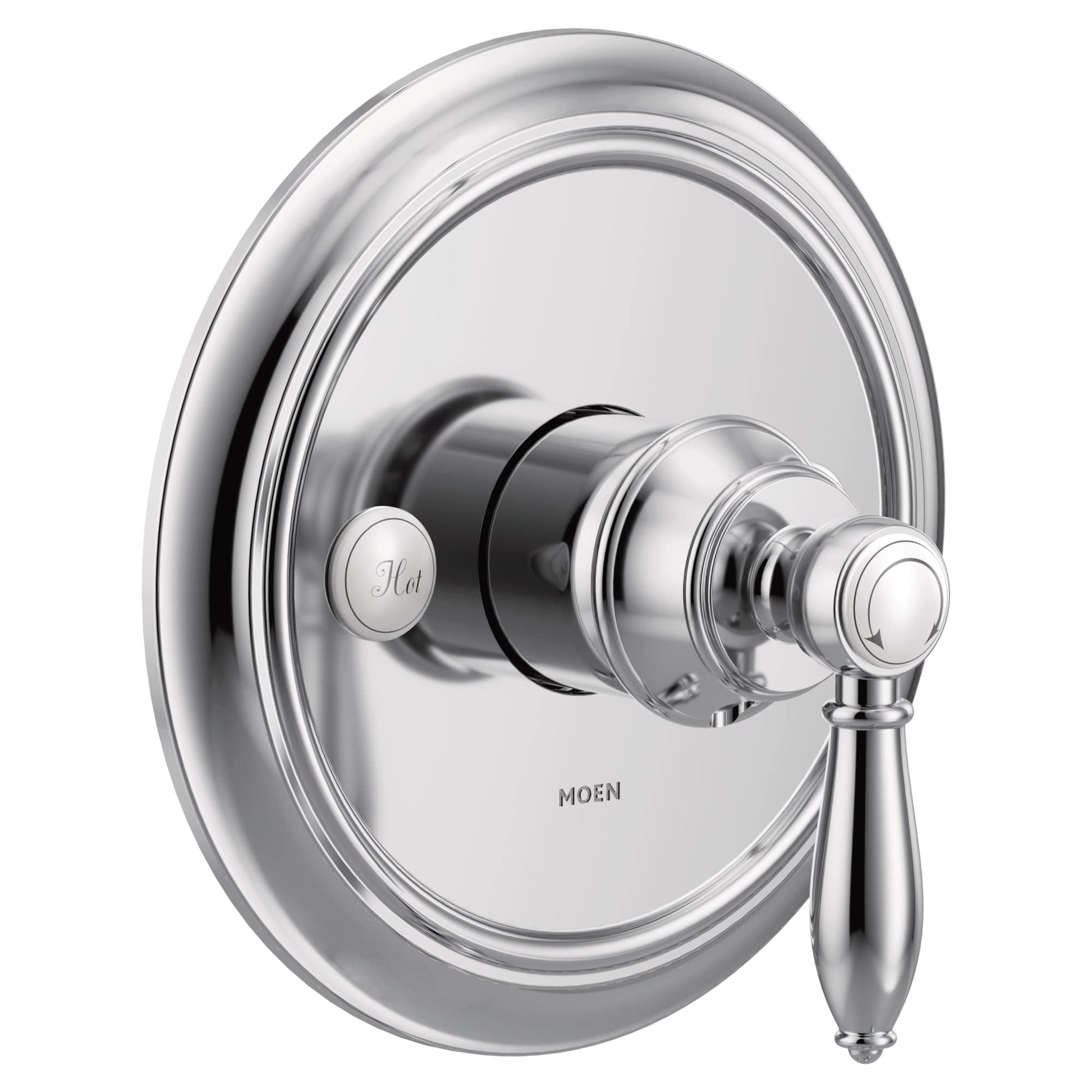 Chrome single-handle valve trim with circular escutcheon plate and lever handle.