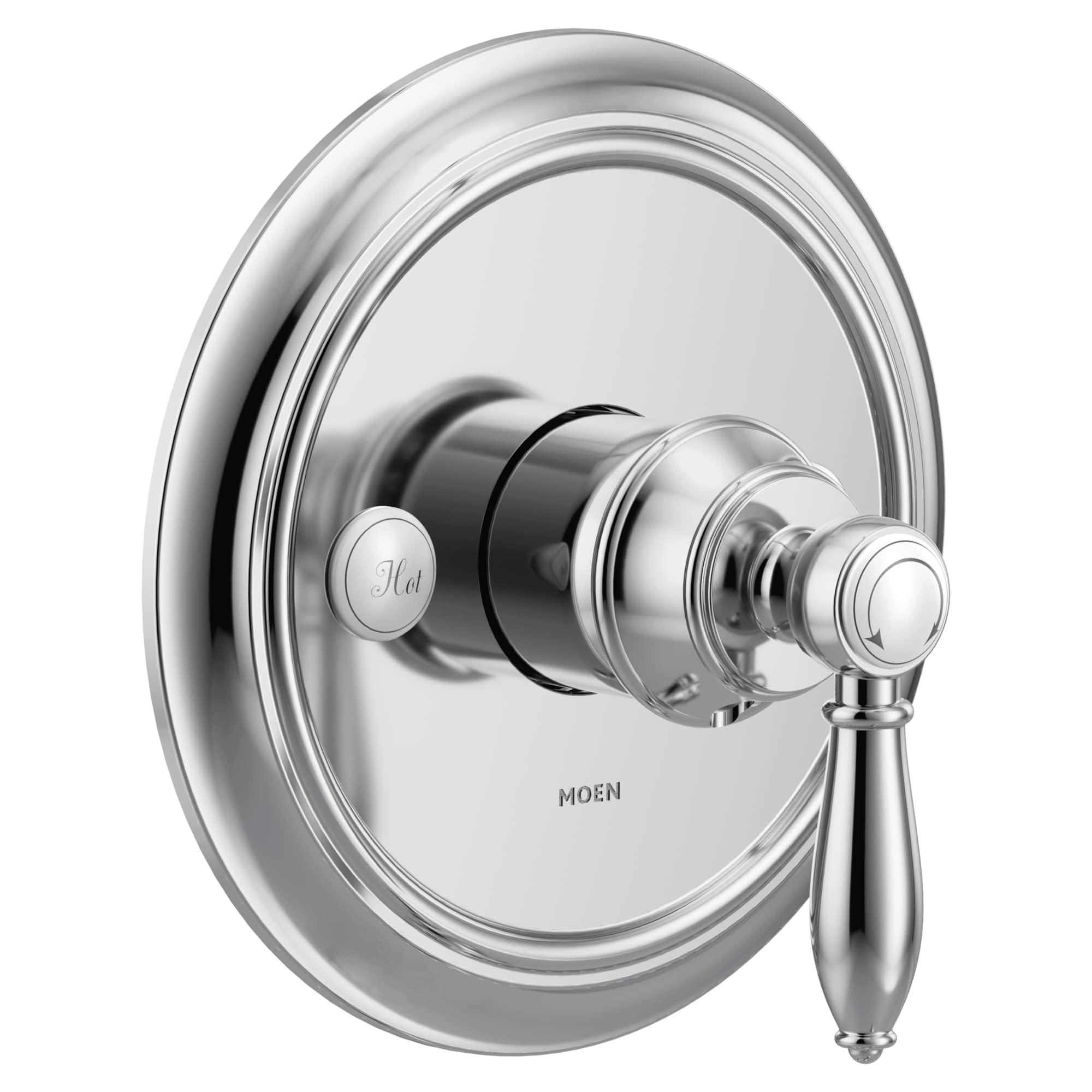 Chrome single-handle valve trim with circular escutcheon plate and lever handle.