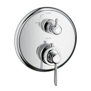 Chrome thermostatic trim valve with upper volume control lever, lower temperature adjustment dial marked 100°, and open/close