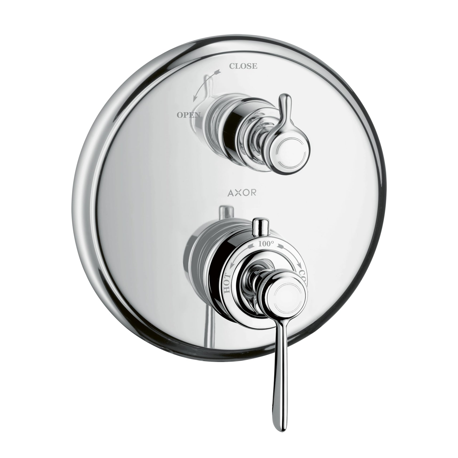 Chrome thermostatic trim valve with upper volume control lever, lower temperature adjustment dial marked 100°, and open/close
