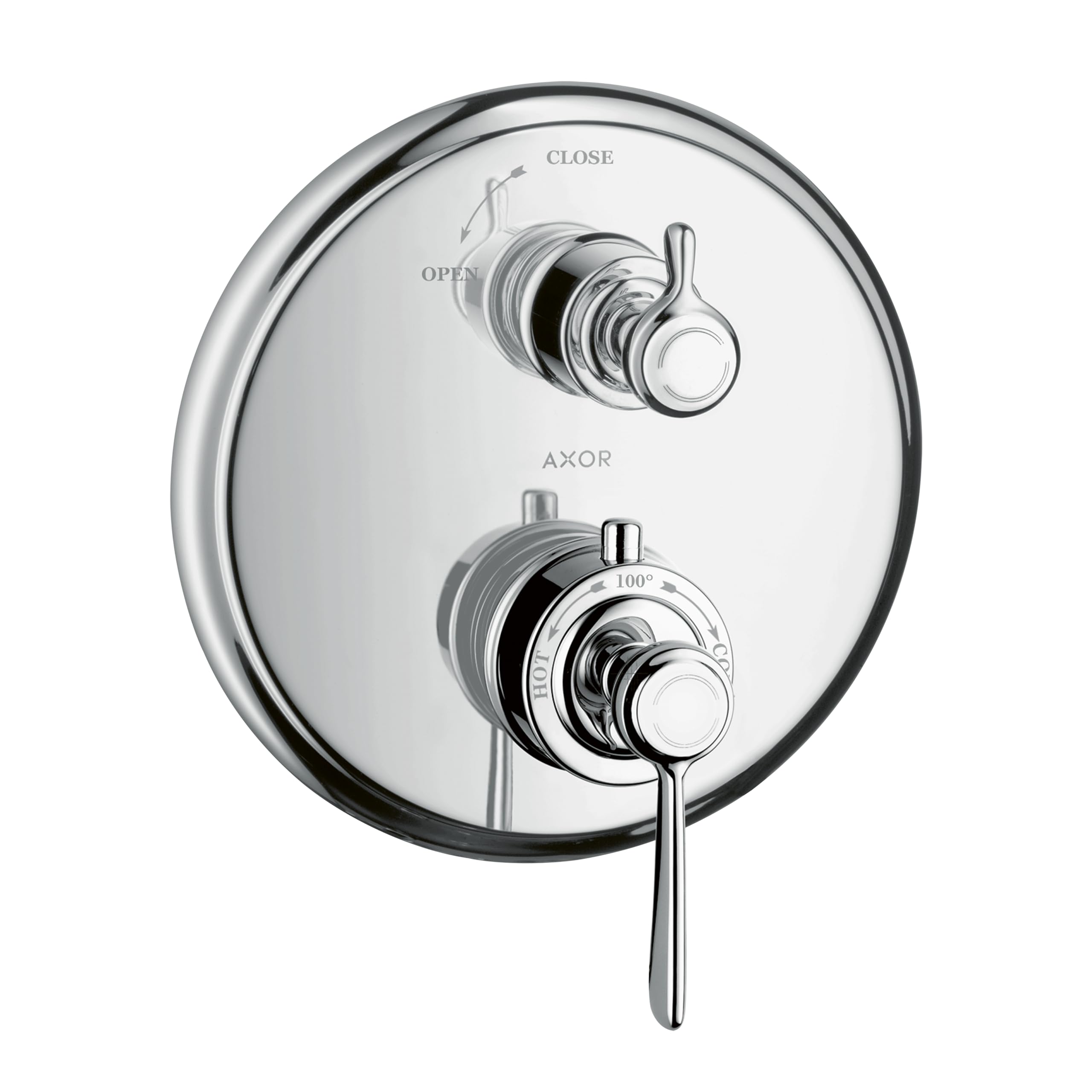 Chrome thermostatic trim valve with upper volume control lever, lower temperature adjustment dial marked 100°, and open/close