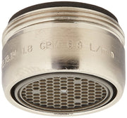 Stainless steel faucet aerator with black rim and mesh screen showing 1.8 GPM and 6.8 L/min specifications.