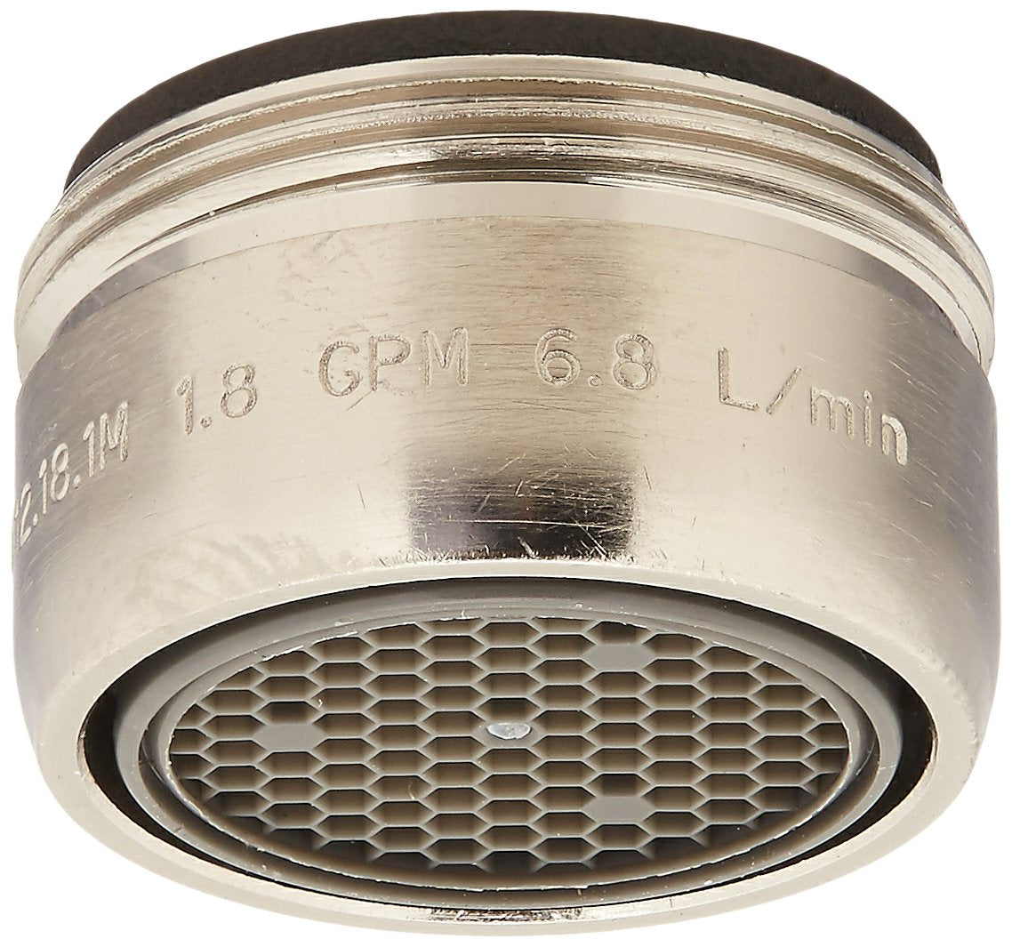 Stainless steel faucet aerator with black rim and mesh screen showing 1.8 GPM and 6.8 L/min specifications.