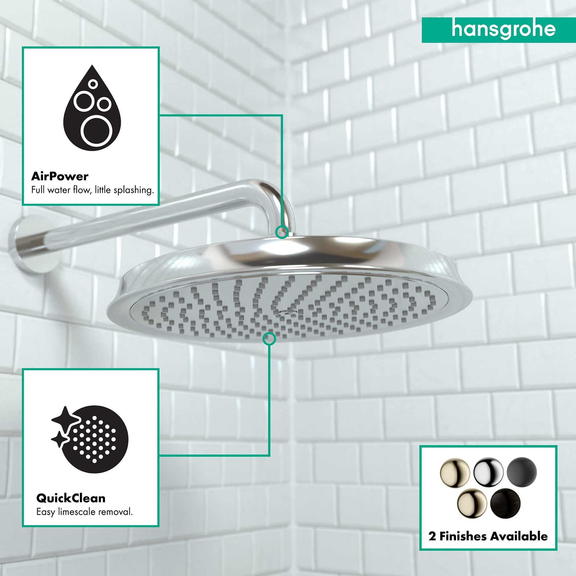 Chrome overhead shower head with circular face and perforated spray pattern mounted on white subway tile wall.