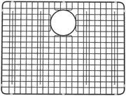 Black stainless steel grid with rectangular pattern and circular drain opening for 24 x 18 inch sink.