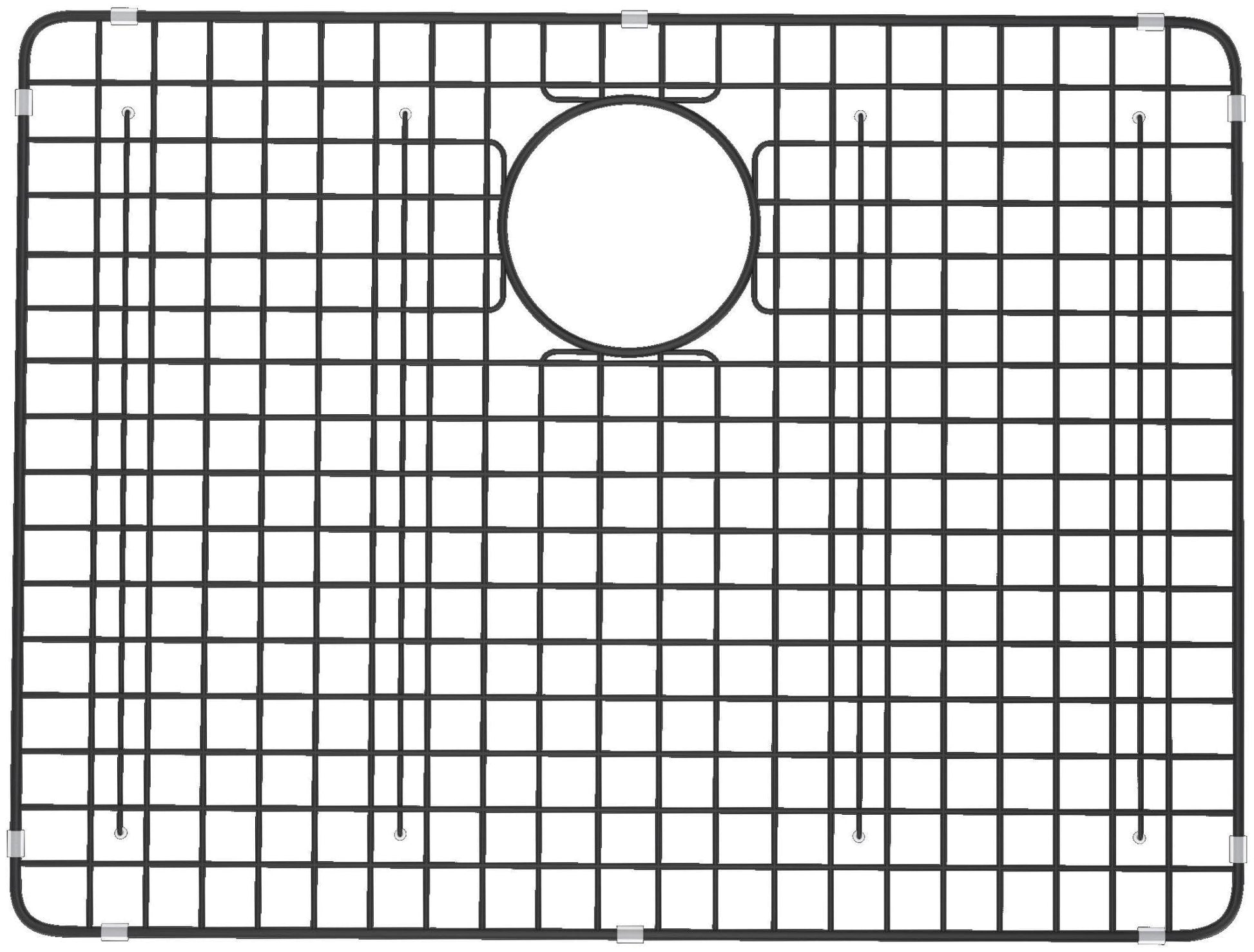 Black stainless steel grid with rectangular pattern and circular drain opening for 24 x 18 inch sink.