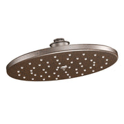 Oil rubbed bronze rainshowerhead with multiple spray jets and ceiling mount connector.