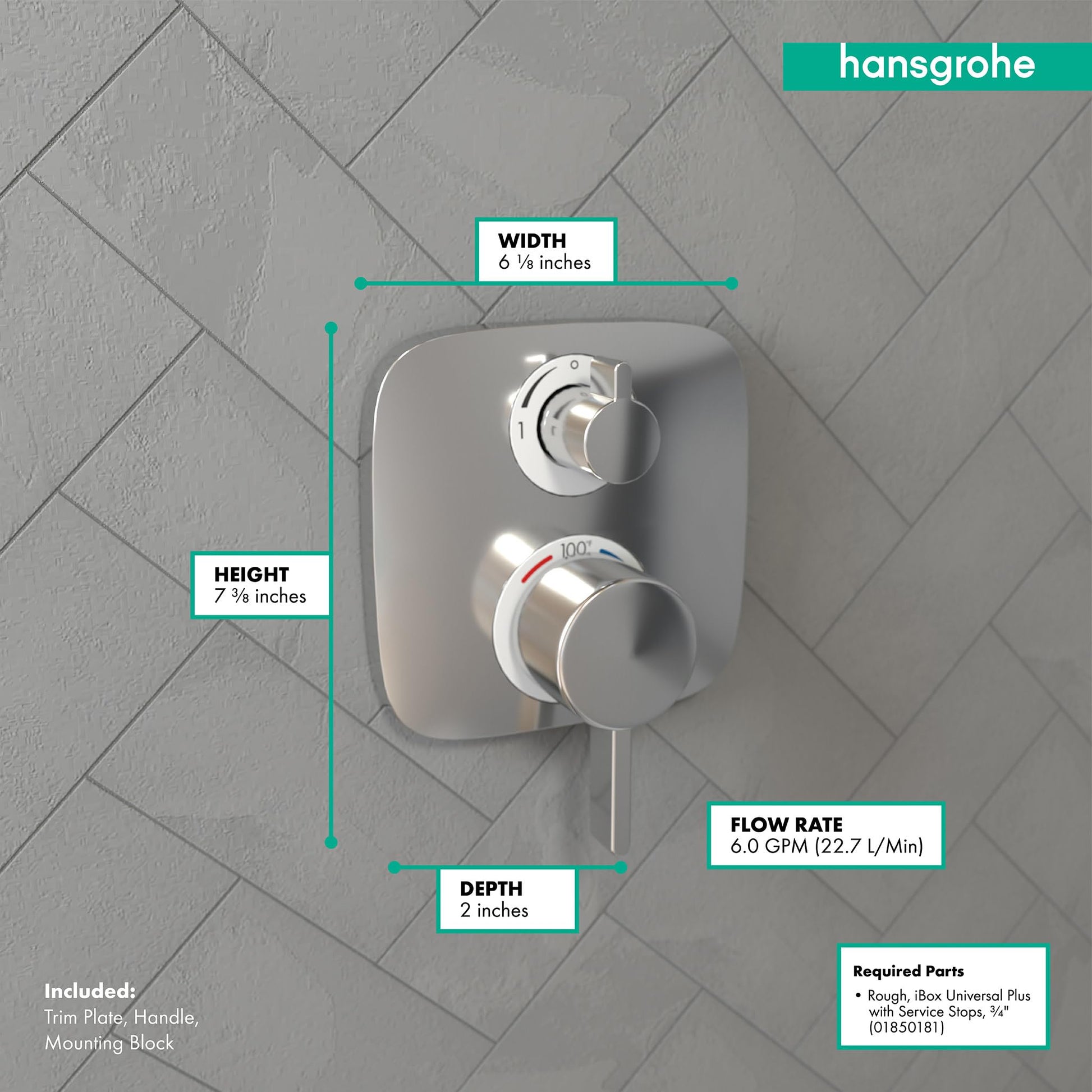 Chrome thermostatic shower trim with two round controls mounted on rectangular plate, displayed with dimensions and specifica
