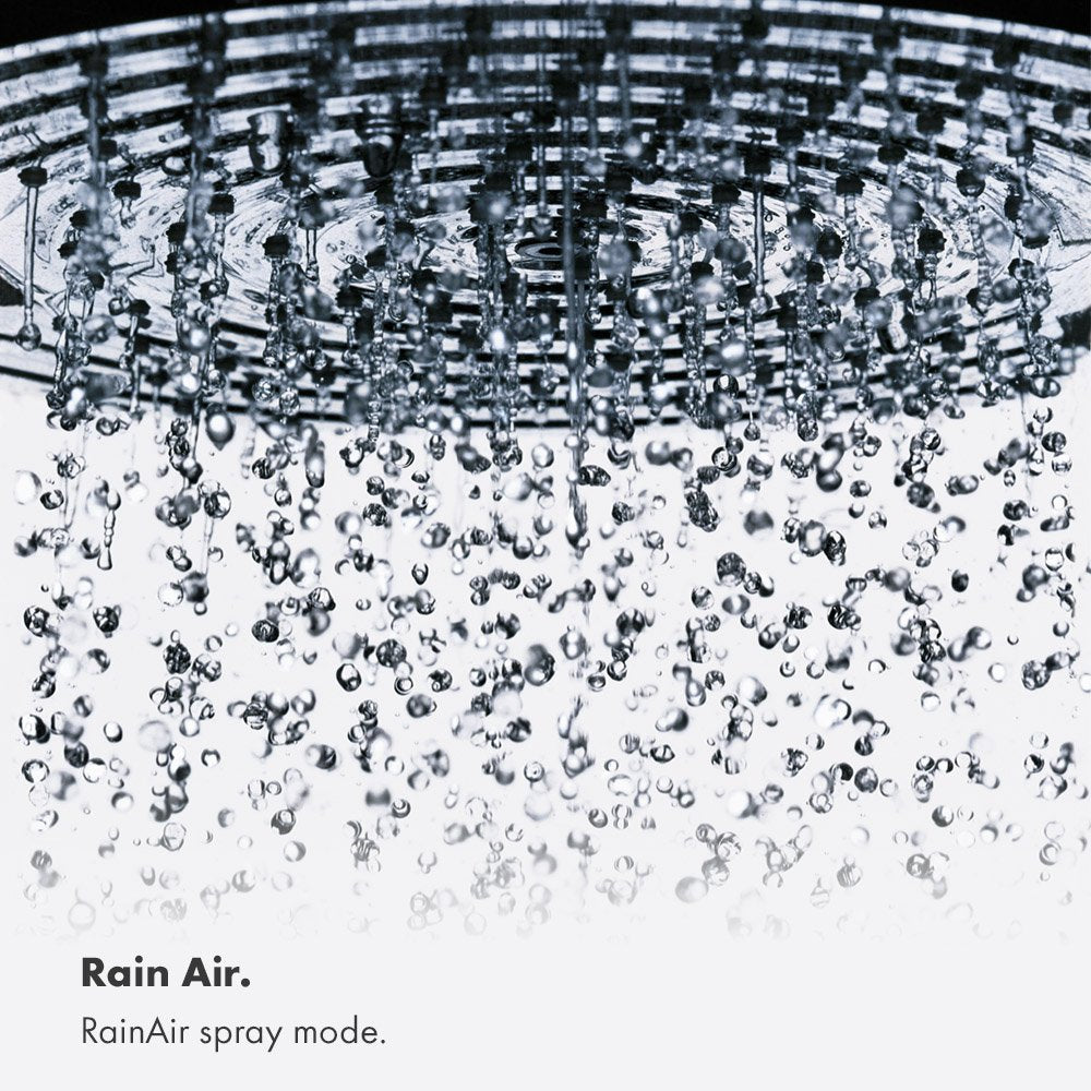 Brushed nickel round shower head with water droplets streaming downward in rain pattern.