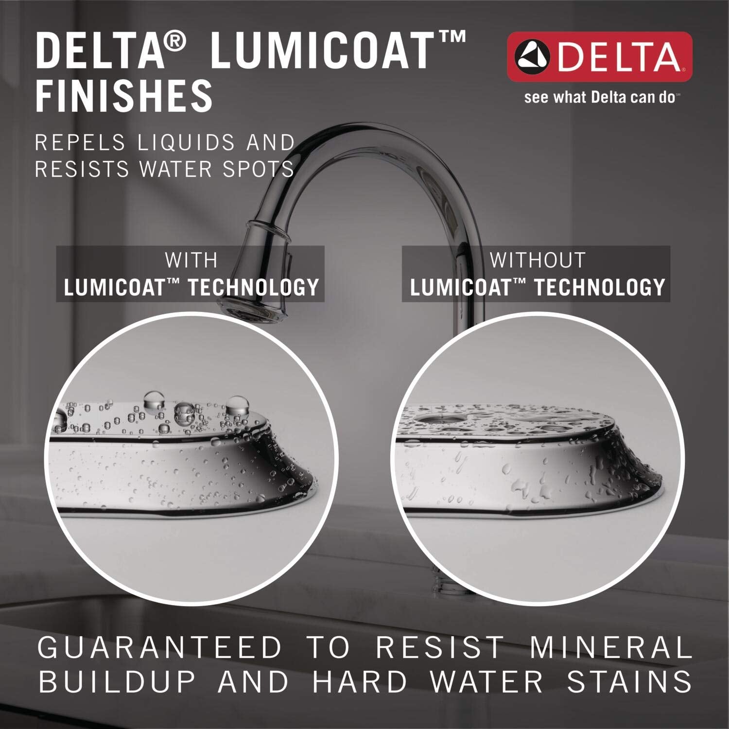 Polished chrome soap and lotion dispenser with curved pump mechanism shown with water droplet comparison.