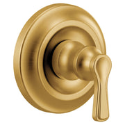 Brushed gold single-handle transfer valve trim with traditional oval escutcheon and lever handle.