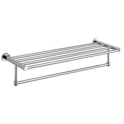 Chrome double towel shelf with upper slatted rack and lower horizontal bar, wall-mounted with round end caps.