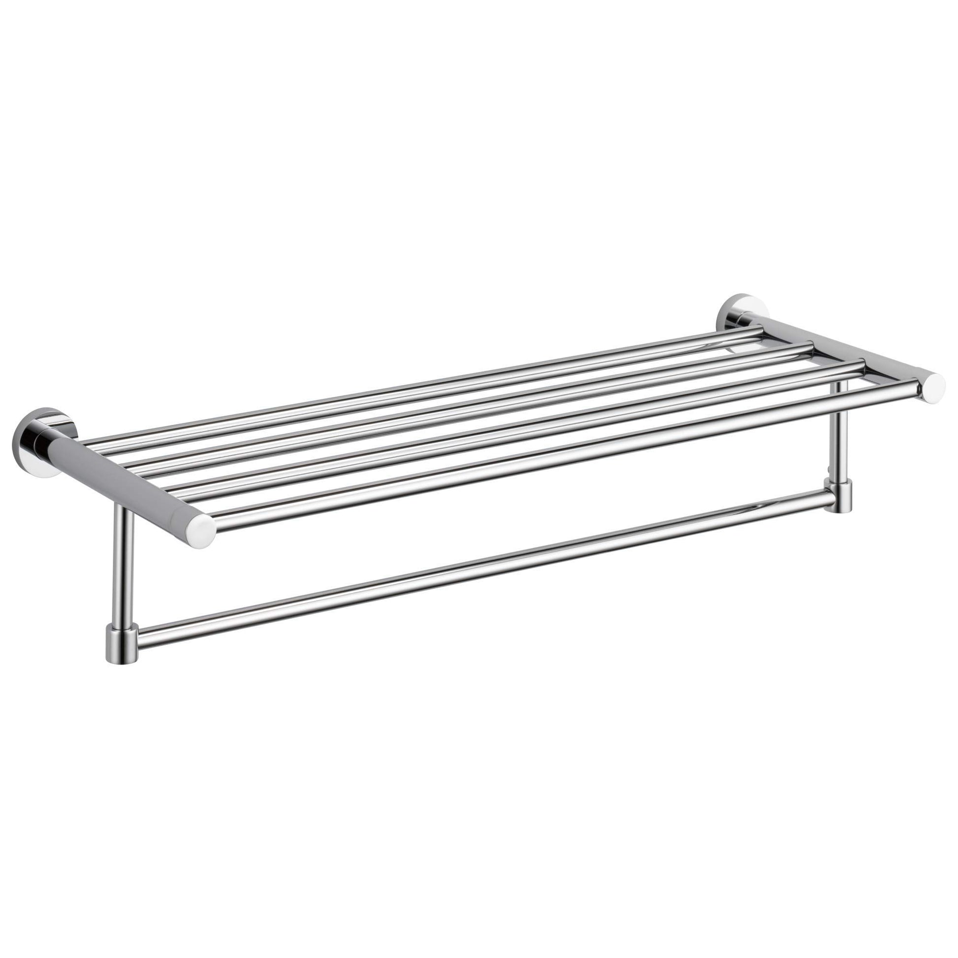 Chrome double towel shelf with upper slatted rack and lower horizontal bar, wall-mounted with round end caps.
