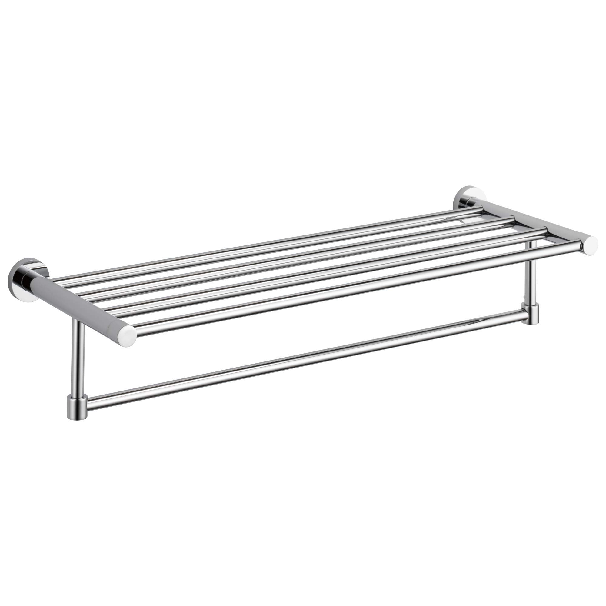 Chrome double towel shelf with upper slatted rack and lower horizontal bar, wall-mounted with round end caps.