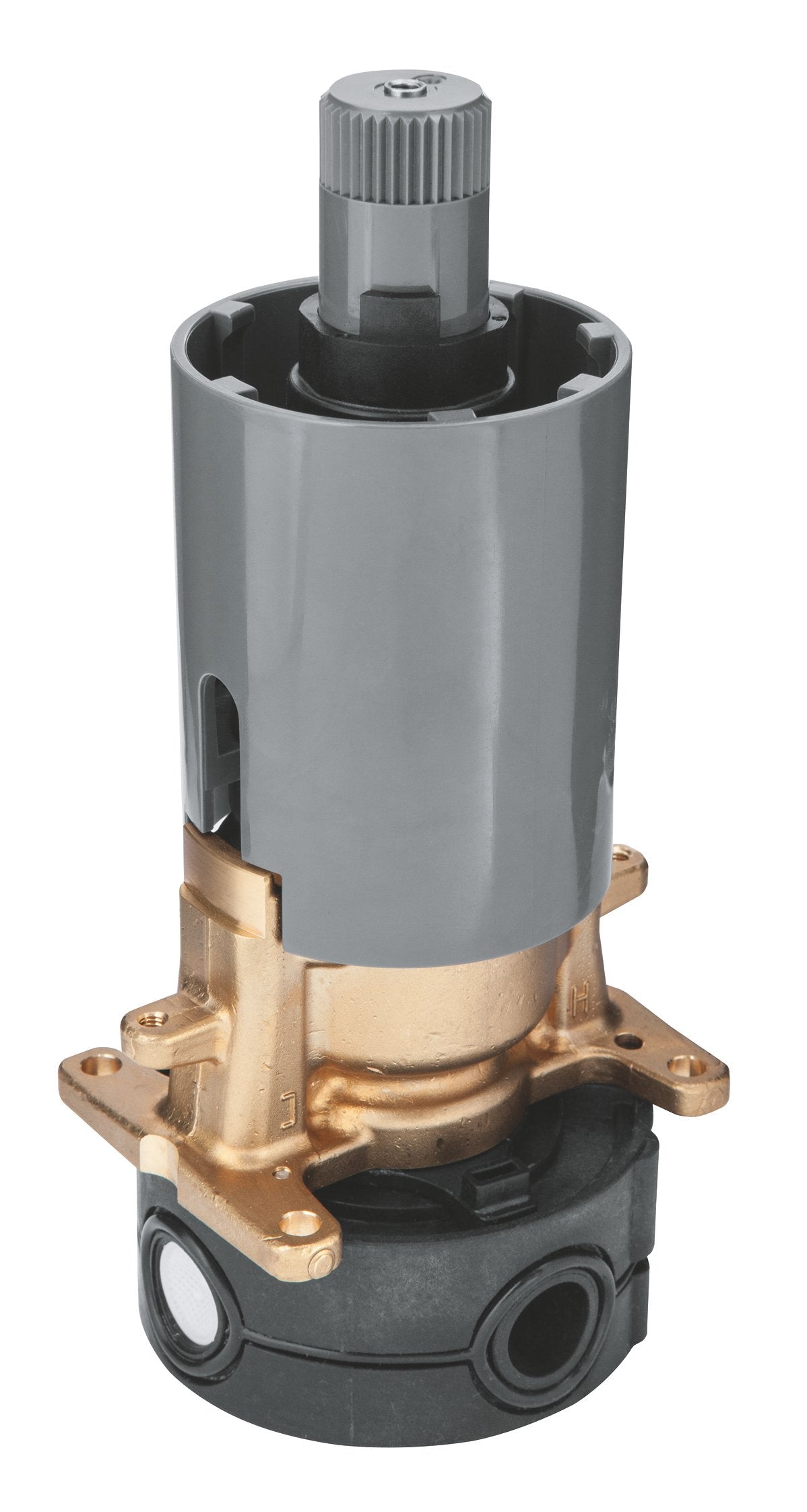 Grohe thermostatic control unit with chrome finish, ribbed knob, brass base, and black polymer body assembly.