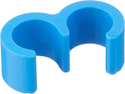Blue plastic tube clip with two cylindrical holding sections and mounting holes on sides.