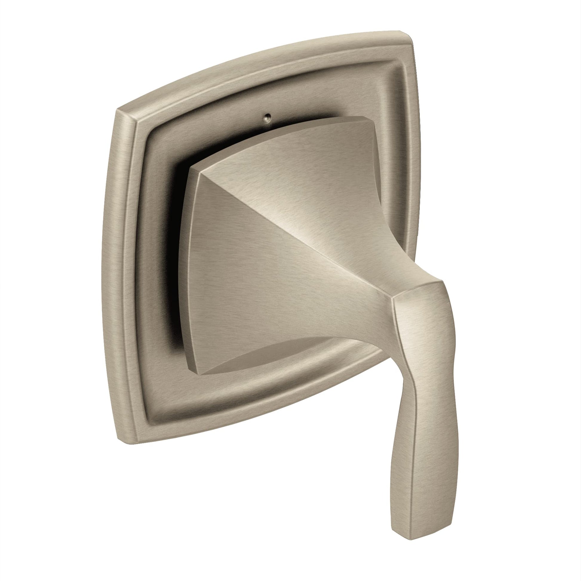 Brushed nickel shower diverter valve trim with squared outer plate and angled lever handle.