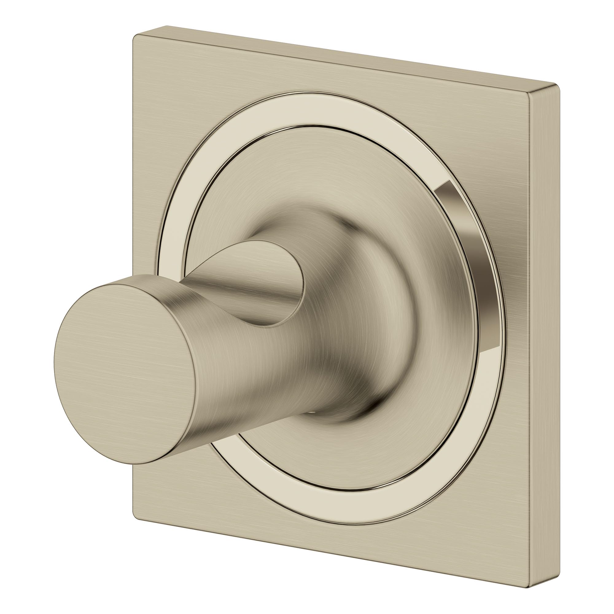 Brushed nickel towel hook with cylindrical knob and circular backplate mounted on square wall plate.