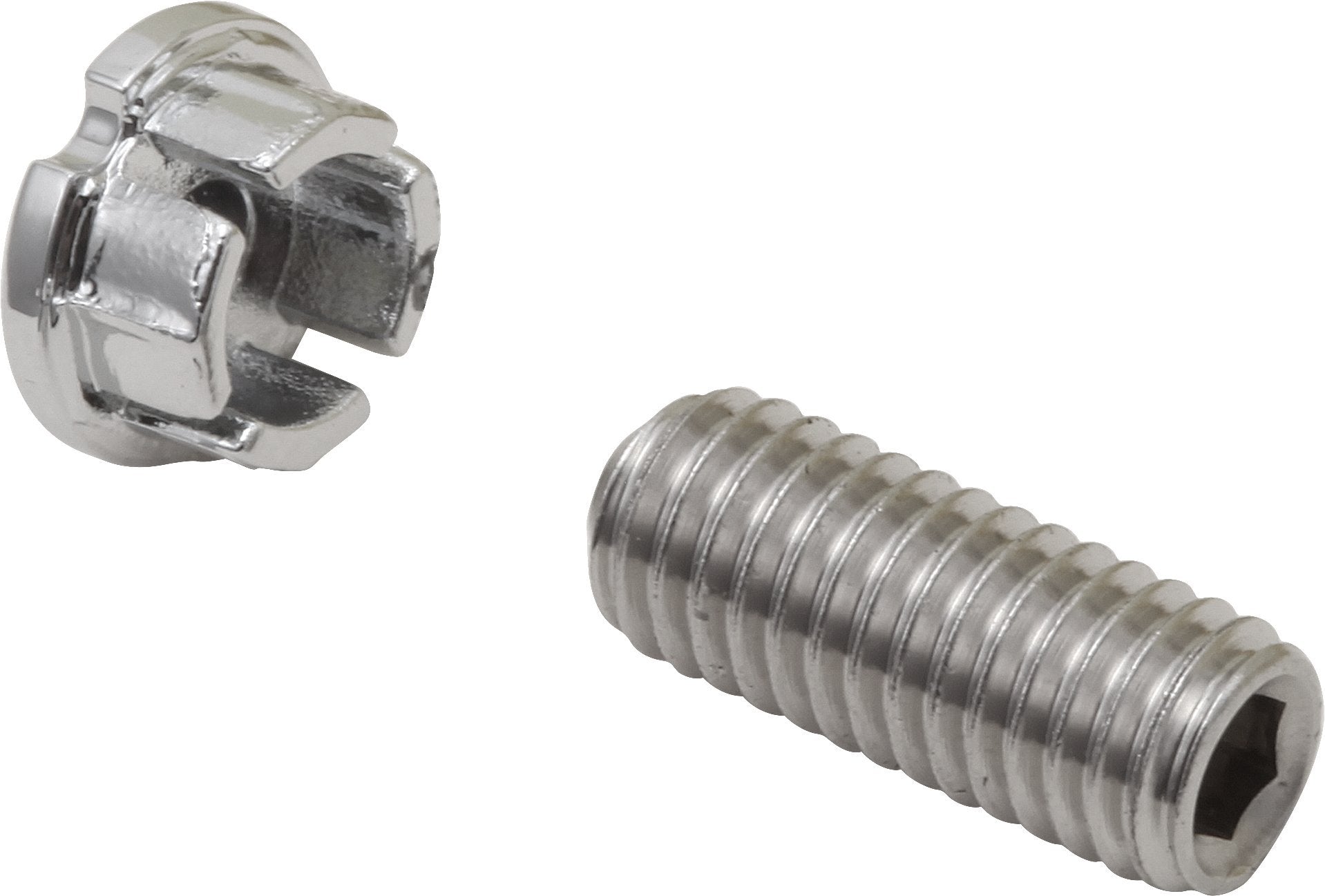 Chrome-finished set screw with hex socket and matching button cap in metallic silver.