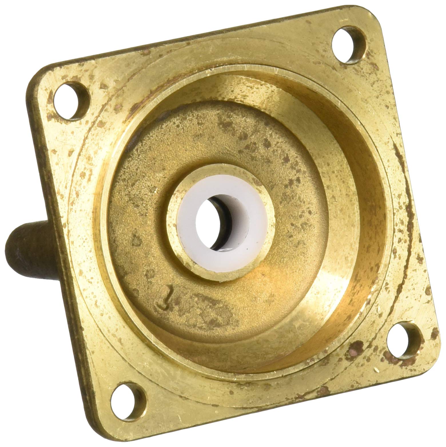 Brass cartridge cover with square mounting plate, four corner holes, and white ceramic center insert with black lever attachm