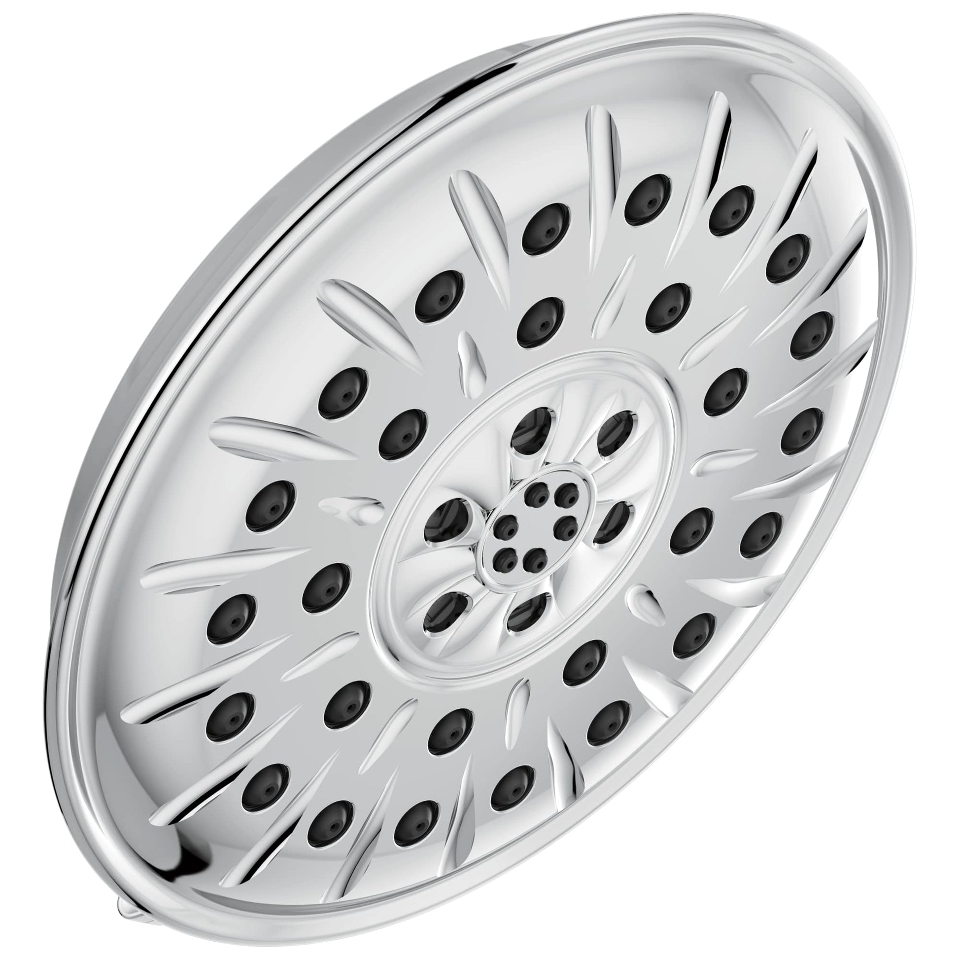 Chrome shower head with multiple black spray nozzles arranged in a spiral pattern on a circular white face.