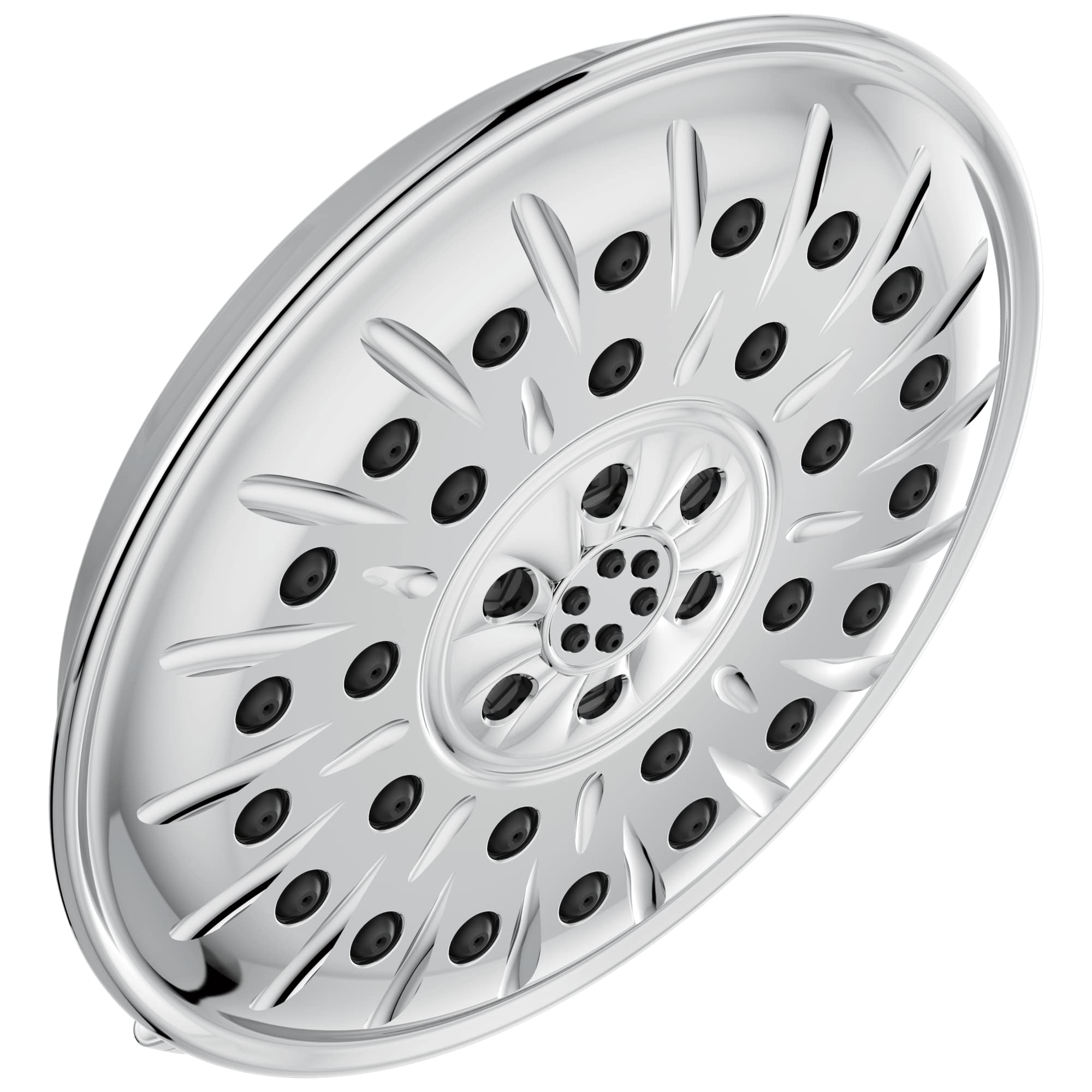 Chrome shower head with multiple black spray nozzles arranged in a spiral pattern on a circular white face.