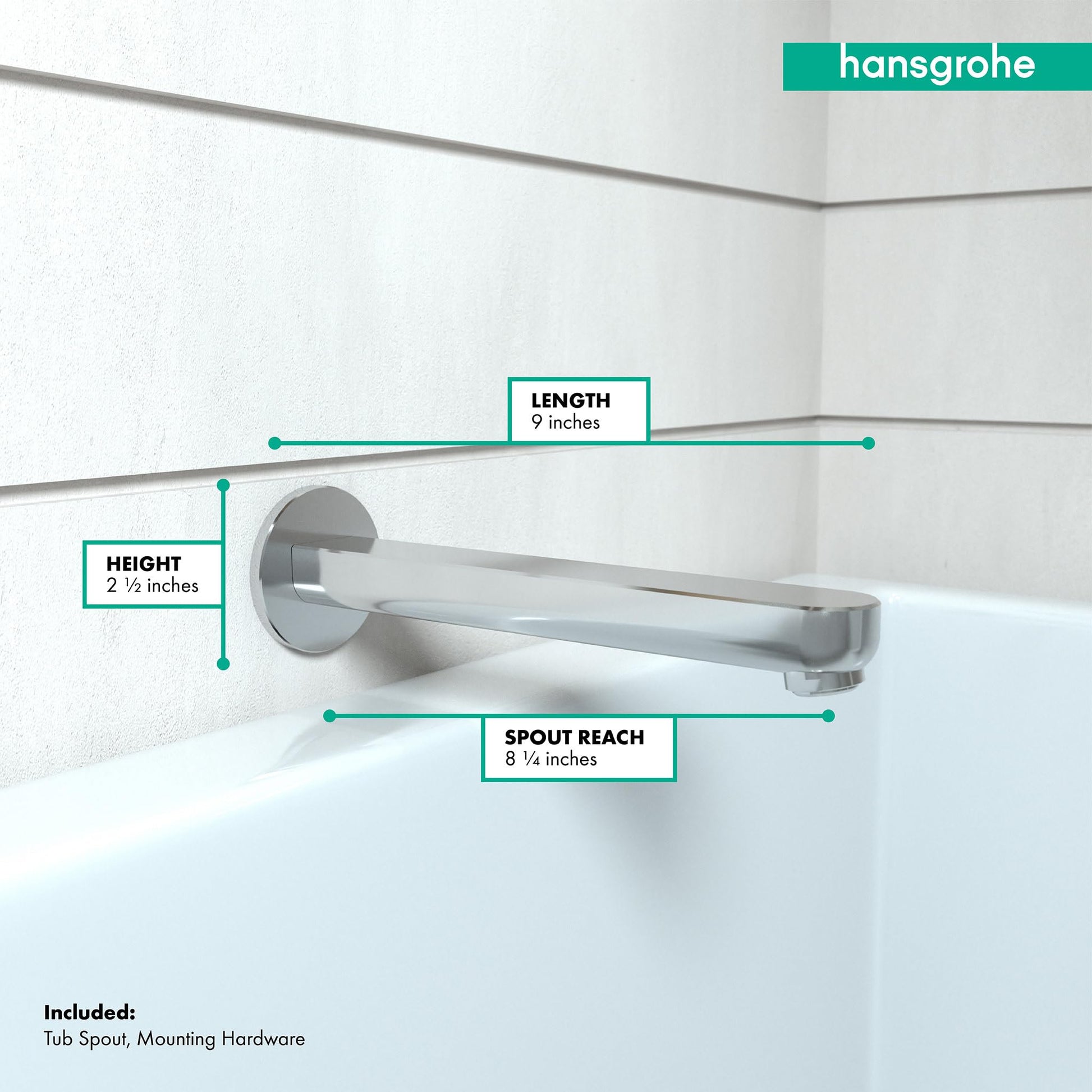 Chrome tub spout with curved rectangular outlet mounted on white tile wall with dimensions labeled.