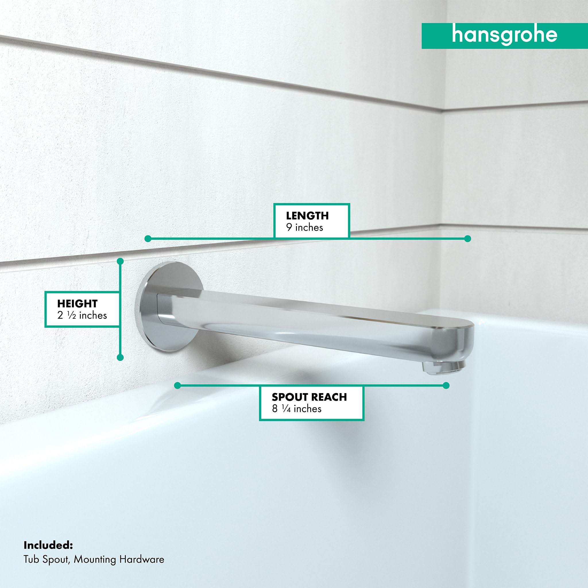 Chrome tub spout with curved rectangular outlet mounted on white tile wall with dimensions labeled.