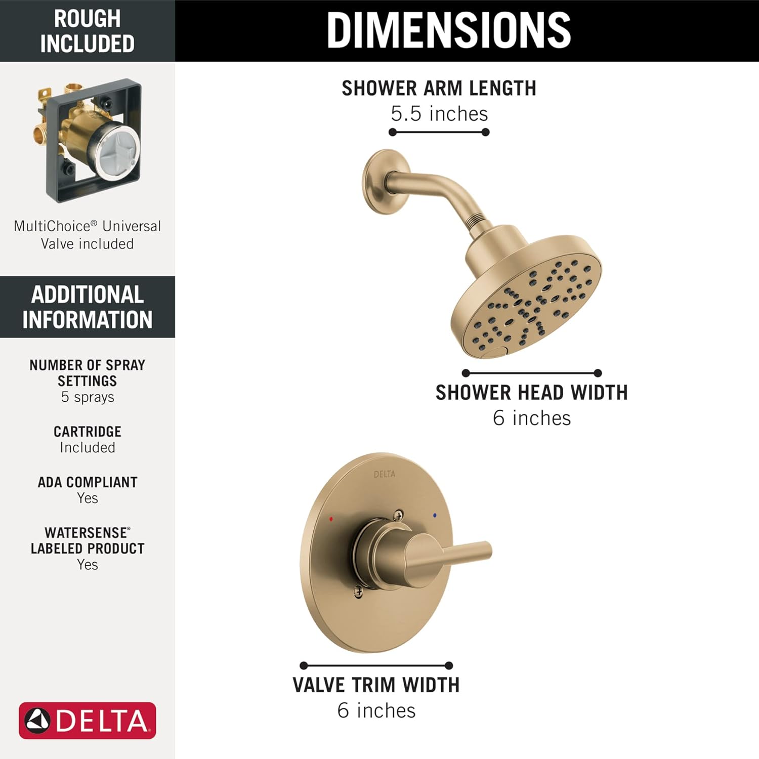 Champagne bronze shower trim with 6-inch showerhead, 5.5-inch arm, and round valve trim, includes MultiChoice universal valve