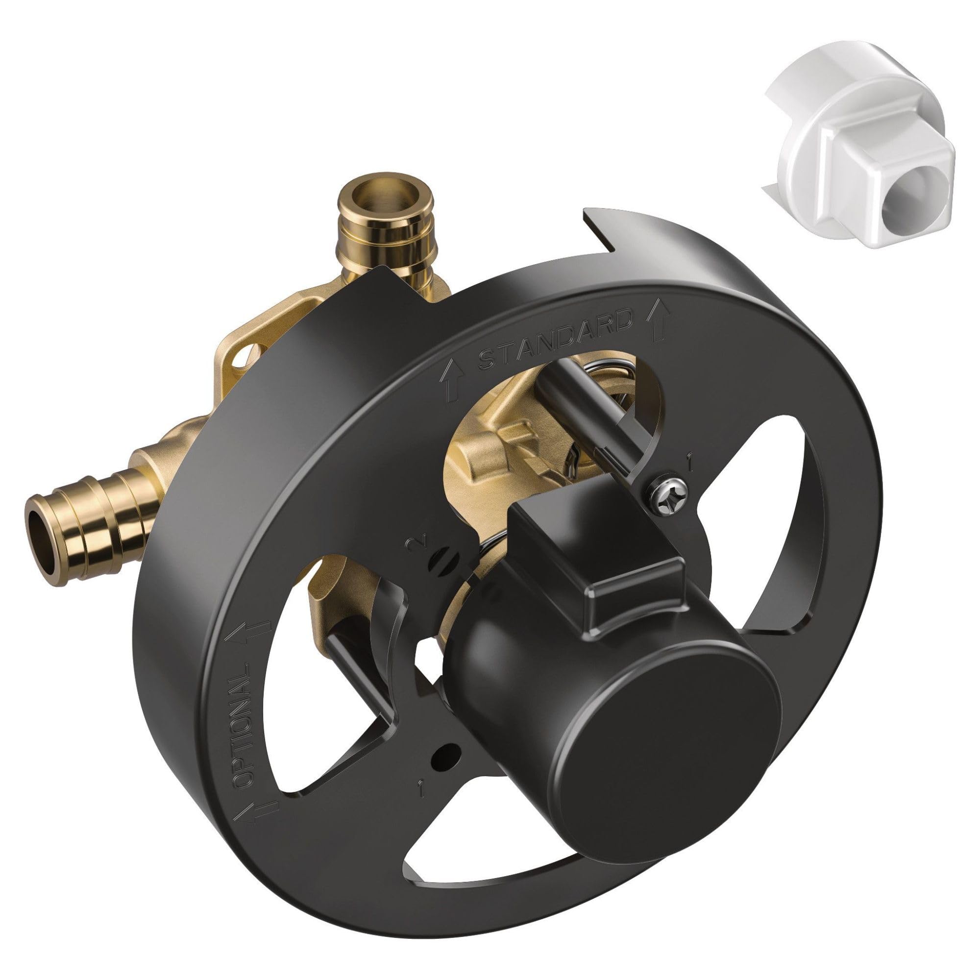 Moen pressure balancing valve with black body, brass ports, and PEX connection inlet, shown with white adapter.