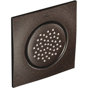 Oil rubbed bronze square body spray with circular showerhead and multiple spray jets.