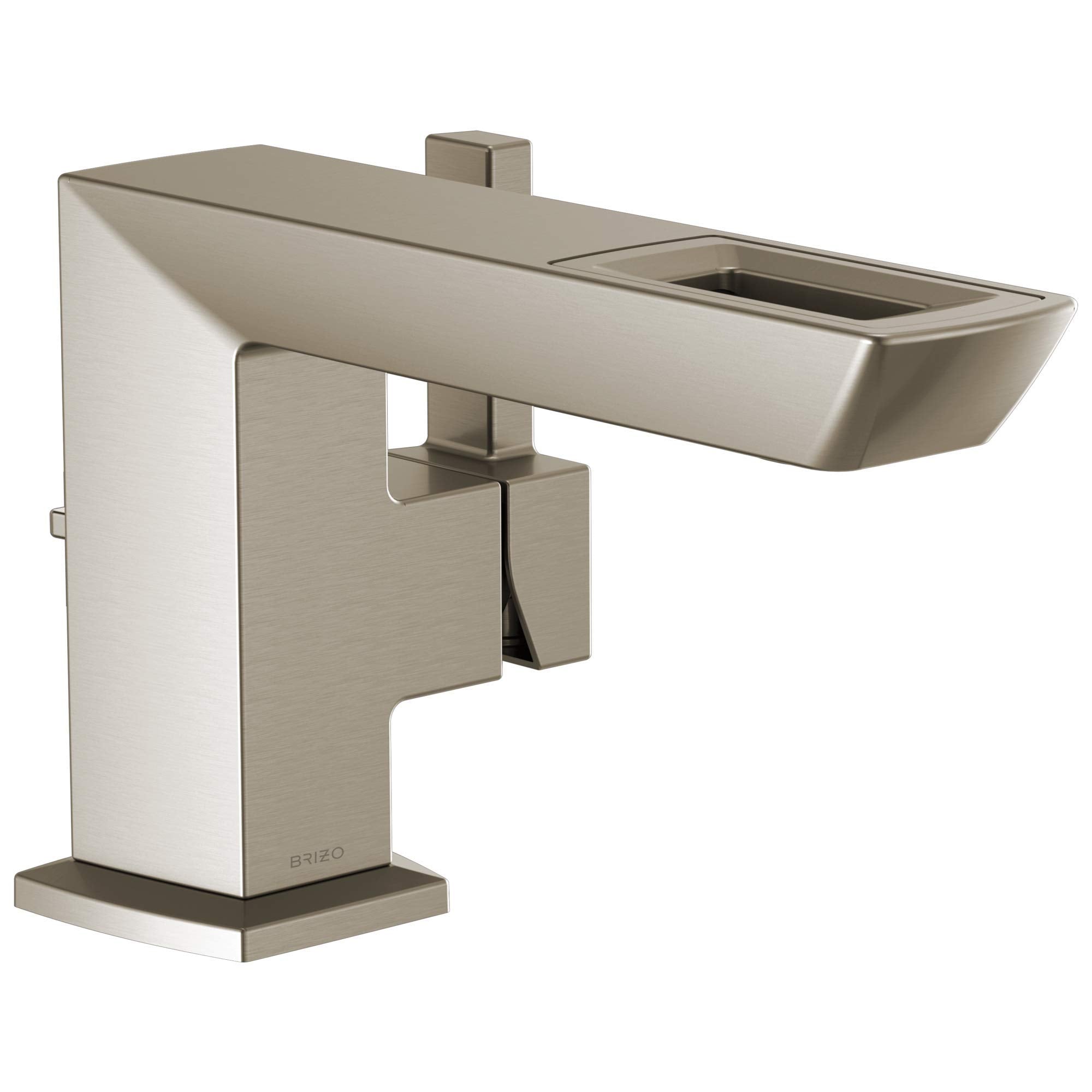 Brushed nickel single-handle bathroom faucet with rectangular spout and square base on white background.