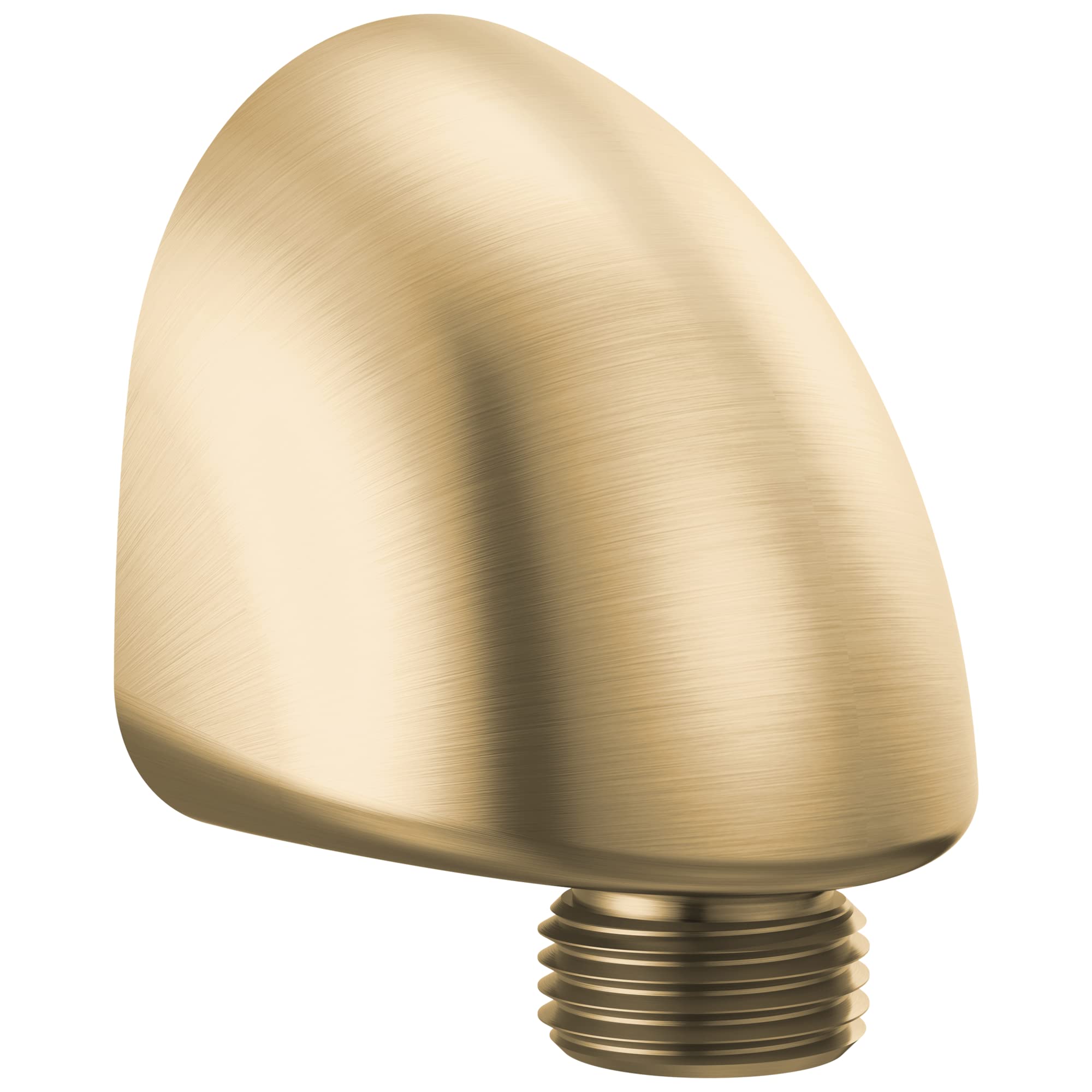 Brushed champagne brass wall elbow with rounded dome shape and threaded male connector base.