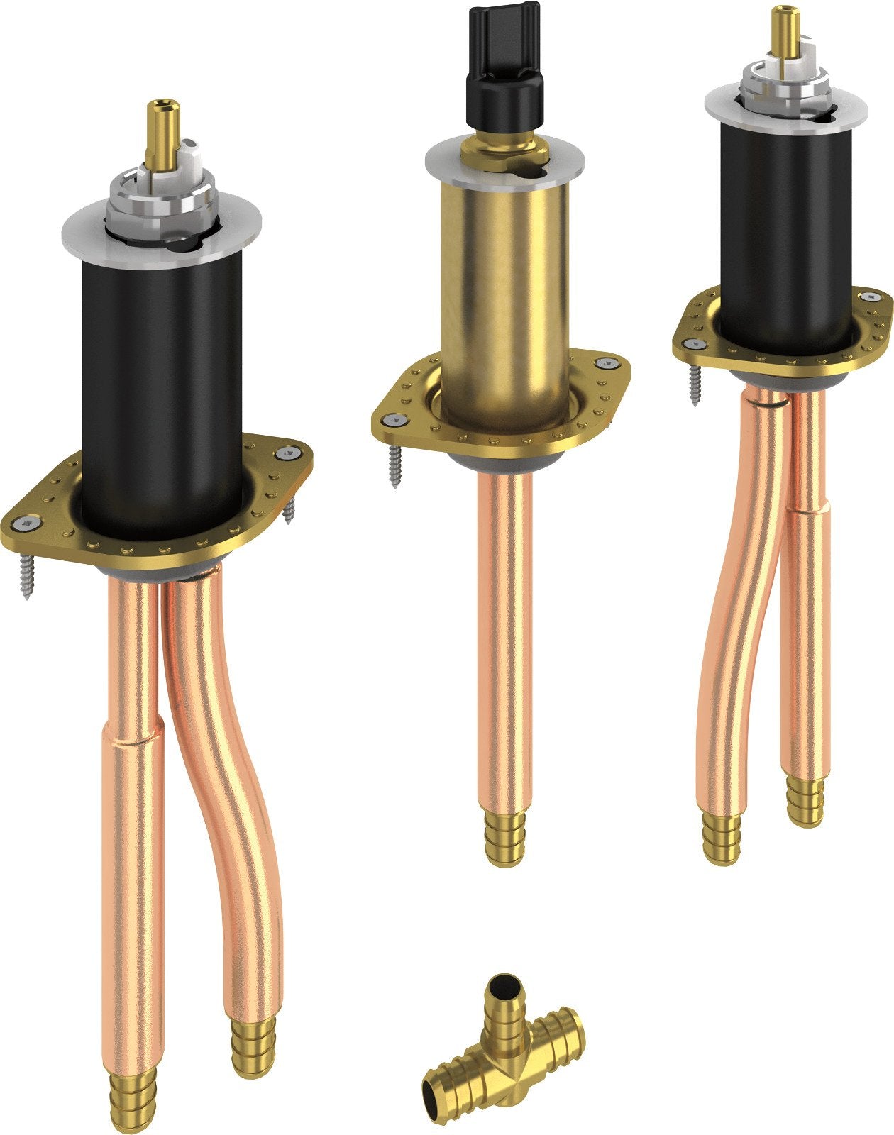 Three Delta faucet cartridge assemblies with brass stems, mounting bases, and PEX connection ports in different configuration