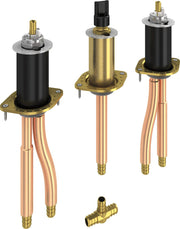 Three Delta faucet cartridge assemblies with brass stems, mounting bases, and PEX connection ports in different configuration