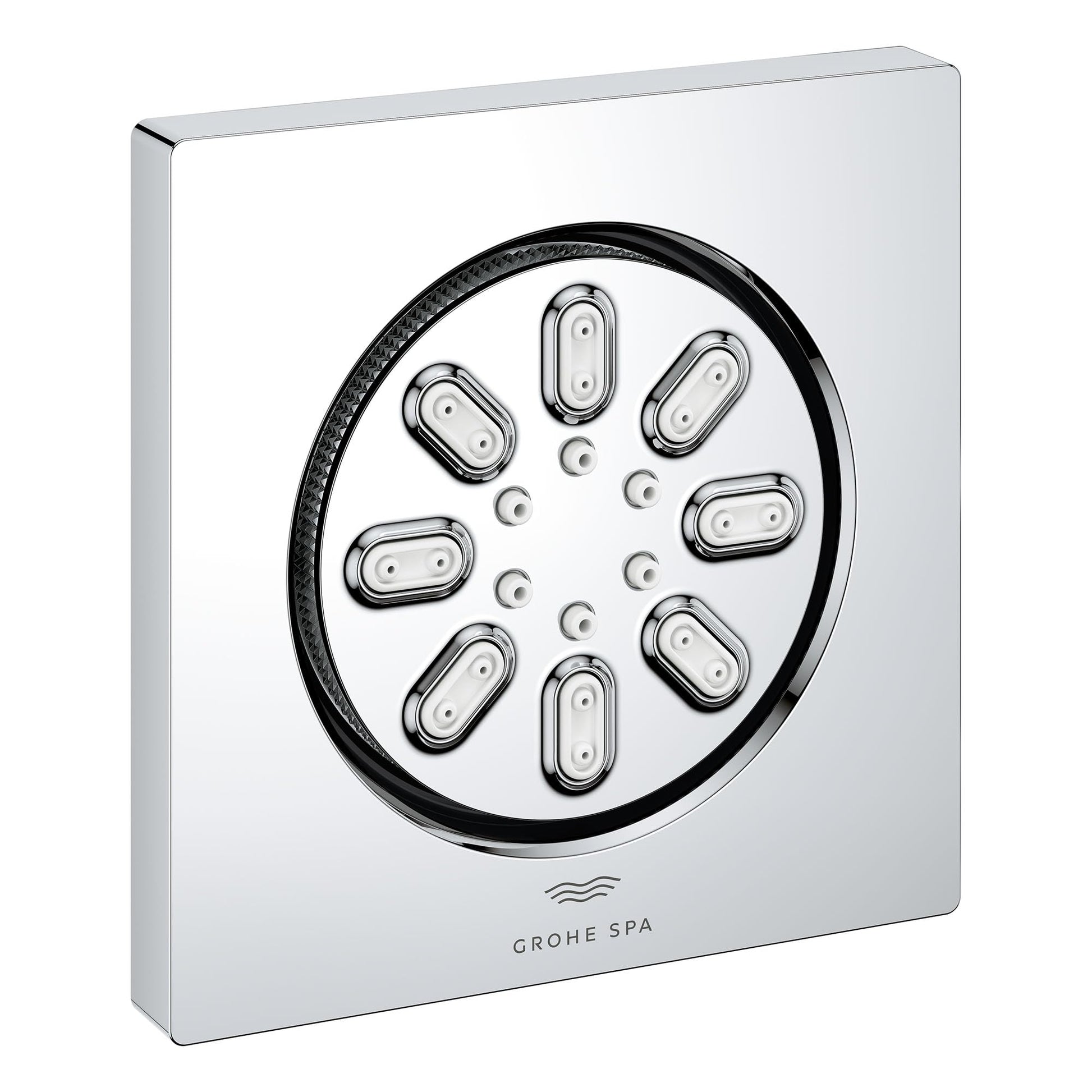 Square chrome body spray with circular face featuring eight oval spray nozzles arranged around center, black trim ring, and G